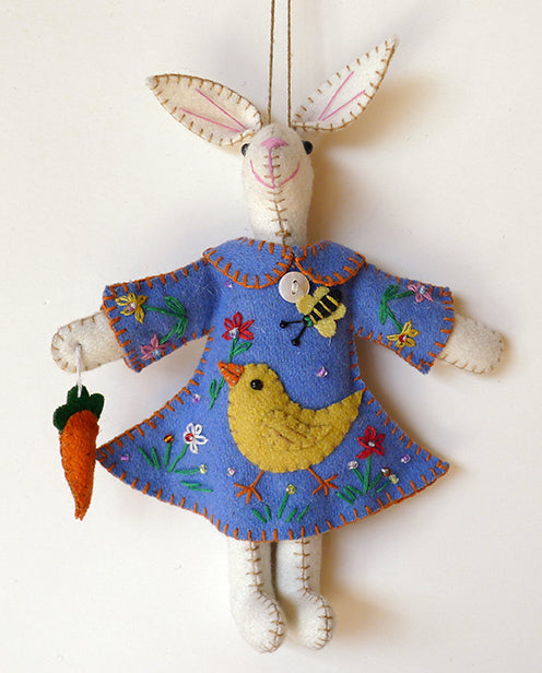 7" Embroidered Felt Bunny in Light Blue Dress with Chick