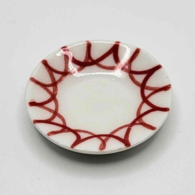 Small Ceramic Plate - White/Red Design - 1/12 Scale Dollhouse Miniature