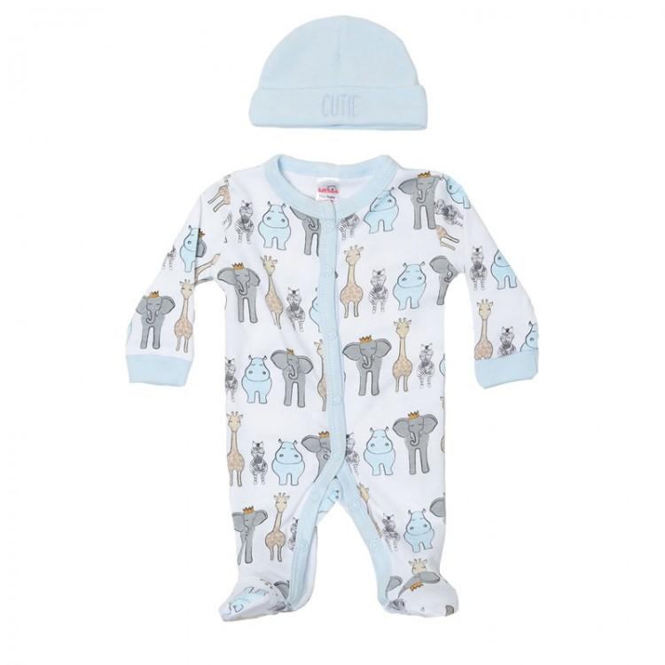2pc Blue Safari Print Sleepsuit & Hat Set