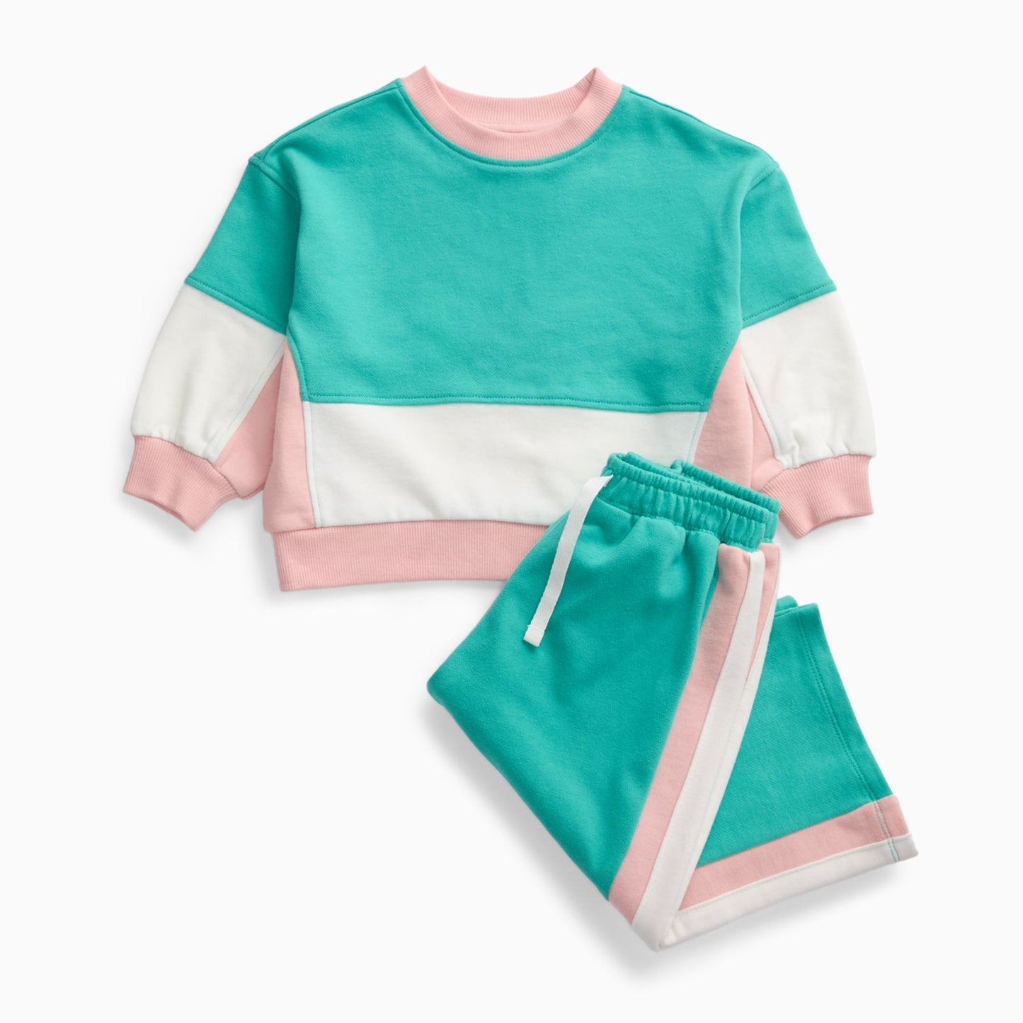 KIDLY by MORI Colourblock Sweatshirt & Wide Leg Joggers Outfit - Green & Pink