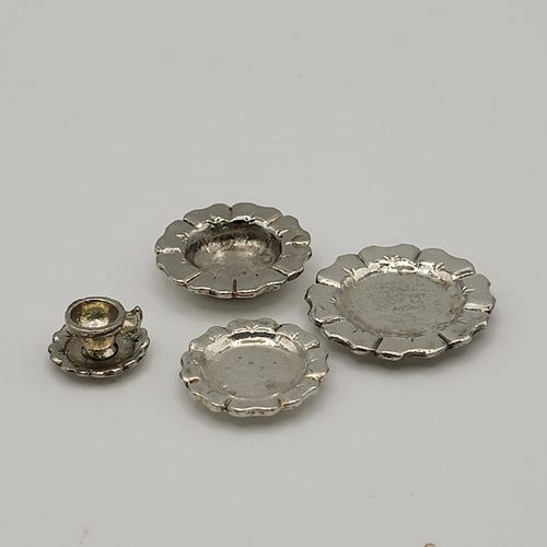 Silver Plated 5-Piece Set - Plates and Tea Cup - 1/12 Scale Dollhouse Miniature