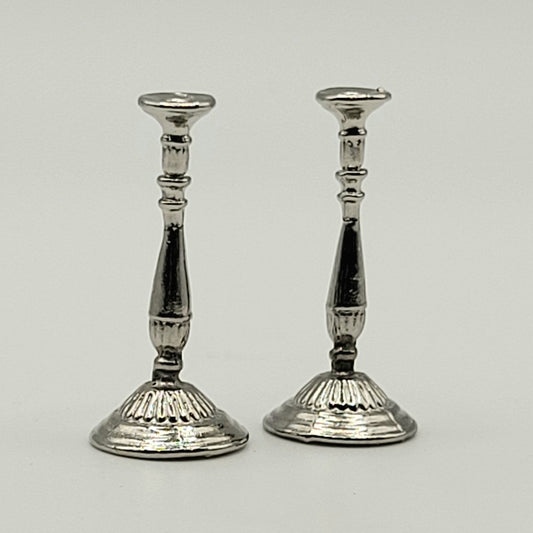 Pair of Slender Decorative Silver Candlesticks - 1/12 Scale Dollhouse Miniature