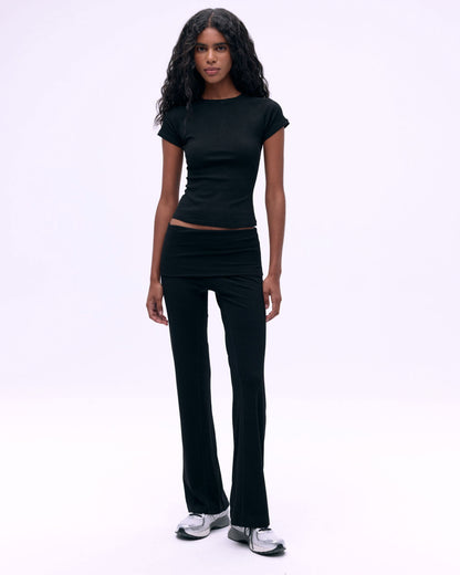 Rib Fold Over Pants - Black