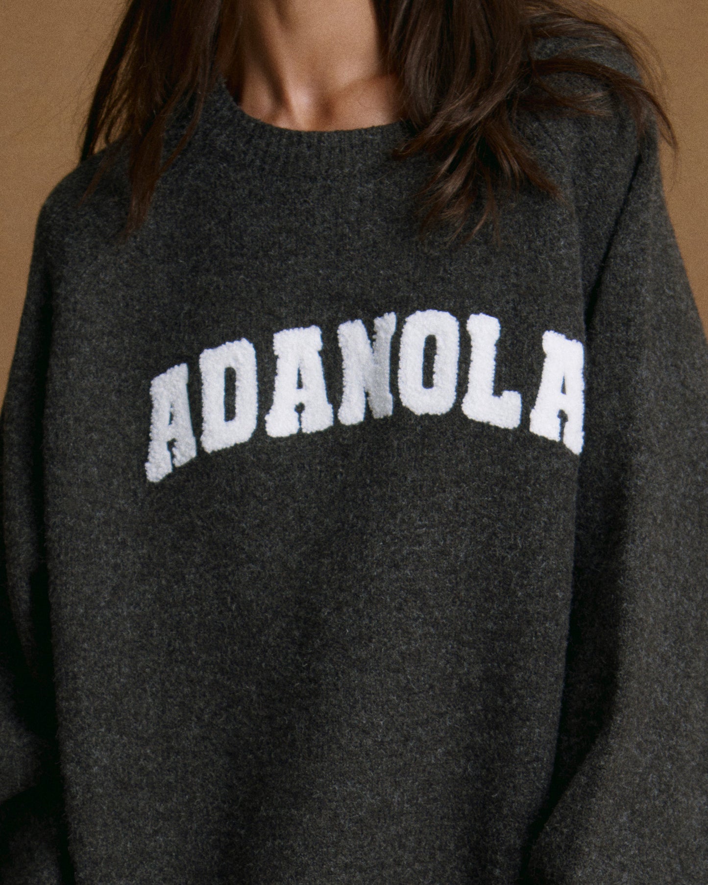 Varsity Boucle Oversized Knit Sweatshirt - Charcoal Grey/Marshmallow White
