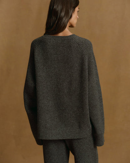 Varsity Boucle Oversized Knit Sweatshirt - Charcoal Grey/Marshmallow White