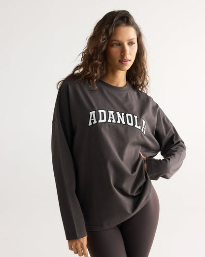 Varsity Long Sleeve Drop Shoulder T-shirt - Coffee Bean/White