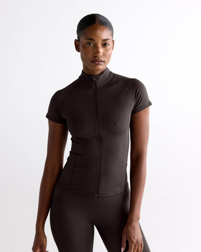 Ultimate Short Sleeve Zip Up Top - Coffee Bean