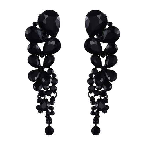EVER FAITH Costume Jewelry Rhinestone Crystal Prom Statement Earrings Waterdrop Clip-on Dangle Earrings Black Black-Tone