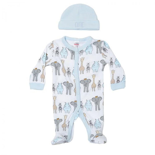 2pc Blue Safari Print Sleepsuit & Hat Set