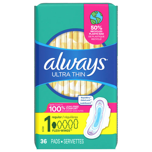 Always Ultra Thin Overnight Pads with Flexi-Wings, Size 4, Overnight, Unscented, 50 Count - 36 CT 6 Pack