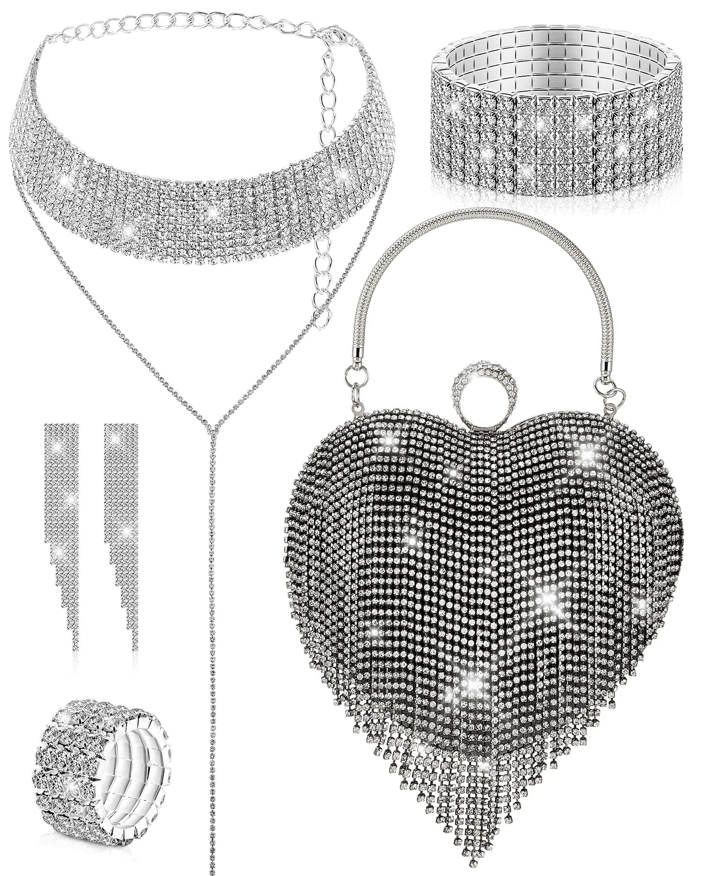 5 Pcs Heart Purse Rhinestone Tassel Evening Clutch Bag Valentines Day Jewelry Set for Women Wedding Dinner (Black)