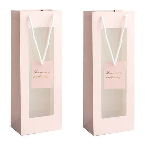 HANSWARE 2PCS Wine Gift Bag Clear Window Wine Bags for Wine Bottles Gifts Paper Bottle Gift Bags with Handles for ValentinesWeddingEasterChristmasBaby ShowerBirthday PartyPink