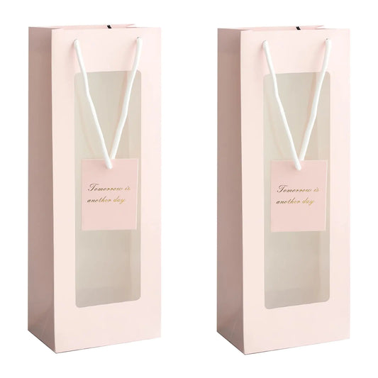 HANSWARE 2PCS Wine Gift Bag Clear Window Wine Bags for Wine Bottles Gifts Paper Bottle Gift Bags with Handles for ValentinesWeddingEasterChristmasBaby ShowerBirthday PartyPink