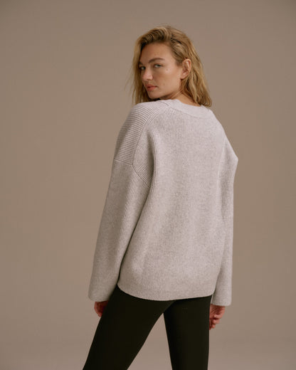 Knit Double V Neck Sweatshirt - Light Grey Melange