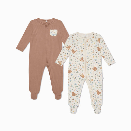 Bear Print & Ribbed Clever Zip Sleepsuit 2 Pack