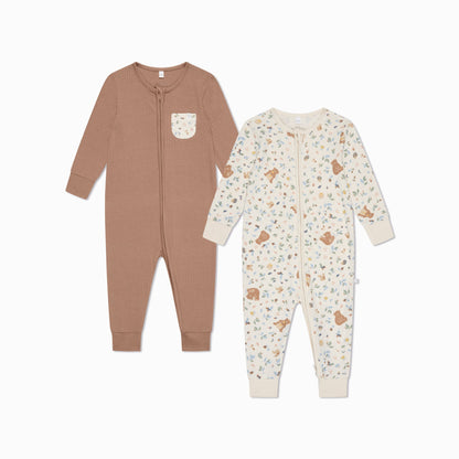 Bear Print & Ribbed Clever Zip Sleepsuit 2 Pack