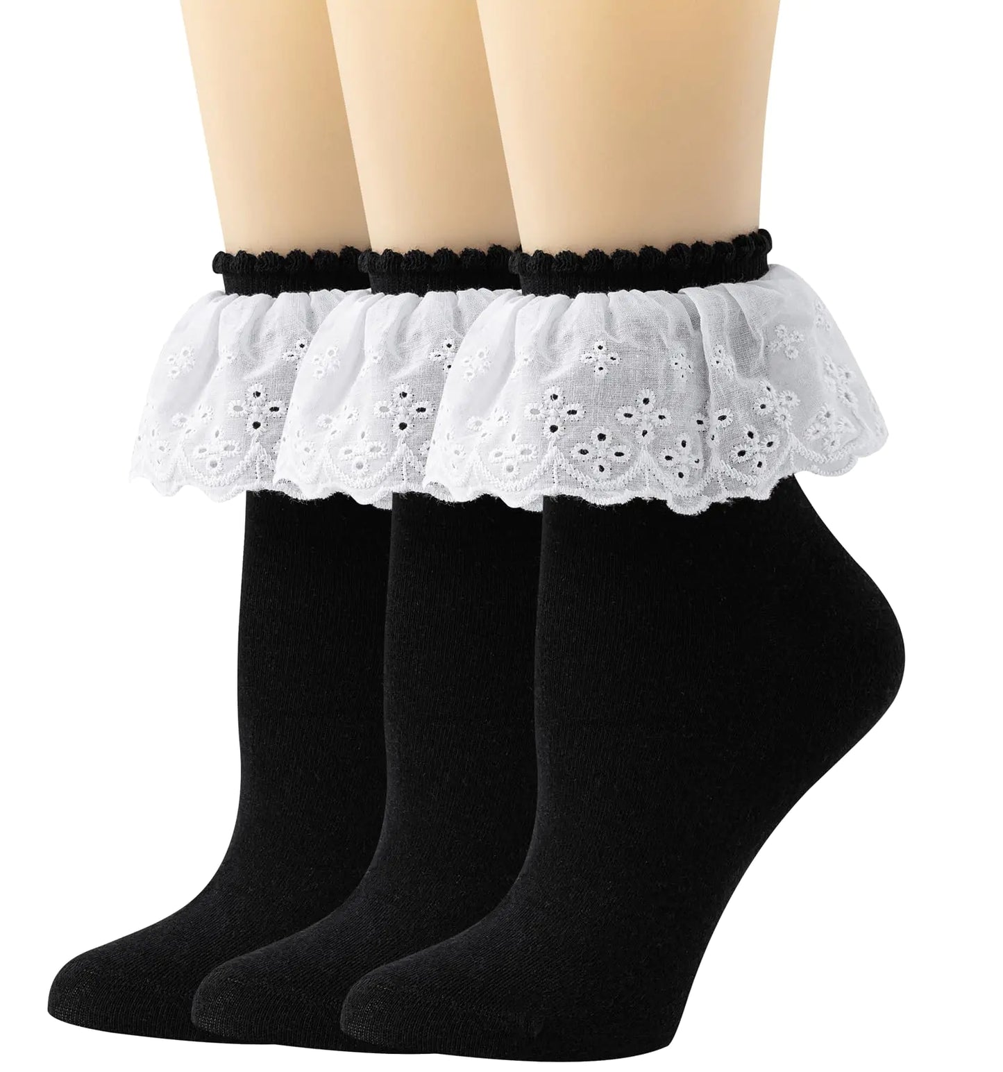 AMHRLINGTO Lace Ruffle Frilly Ankle Socks for Women - Cotton Socks Lace Socks Princess Lolita socks for Ladies Girls (Cotton Black 3pairs)