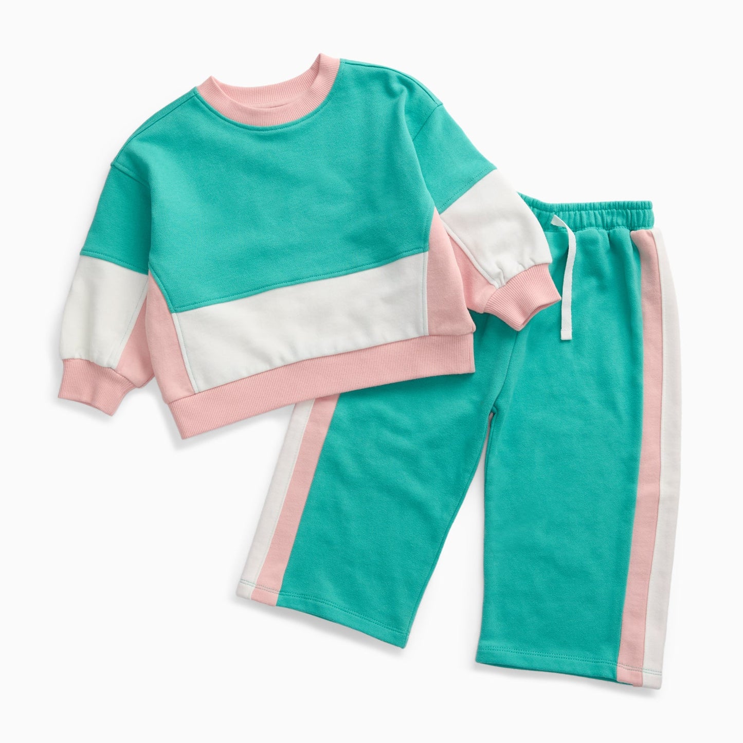 KIDLY by MORI Colourblock Sweatshirt & Wide Leg Joggers Outfit - Green & Pink