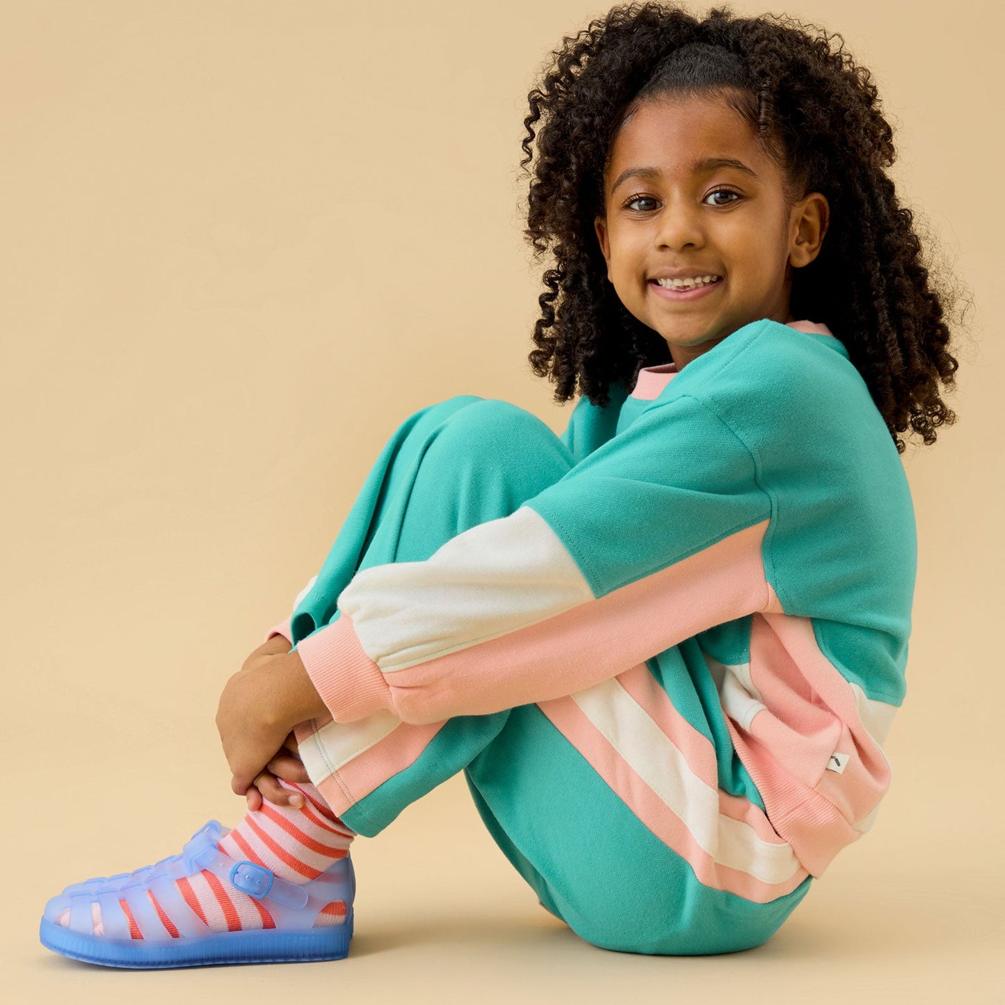 KIDLY by MORI Colourblock Sweatshirt & Wide Leg Joggers Outfit - Green & Pink