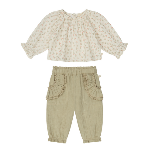Floral Muslin Bloomer Blouse & Sage Muslin Frilled Trousers Outfit