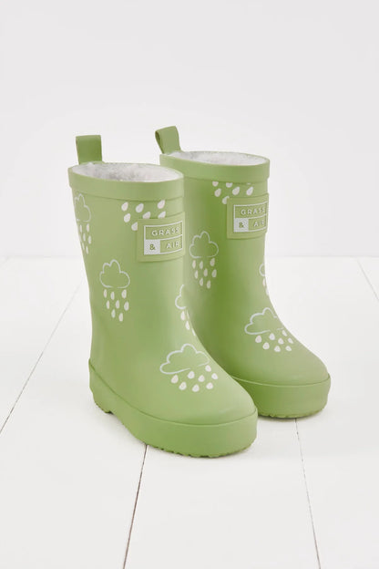 Grass & Air - Colour Changing Kids Wellies with Teddy Fleece Lining - Glacier Green
