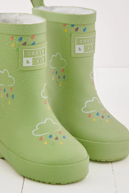Grass & Air - Colour Changing Kids Wellies with Teddy Fleece Lining - Glacier Green