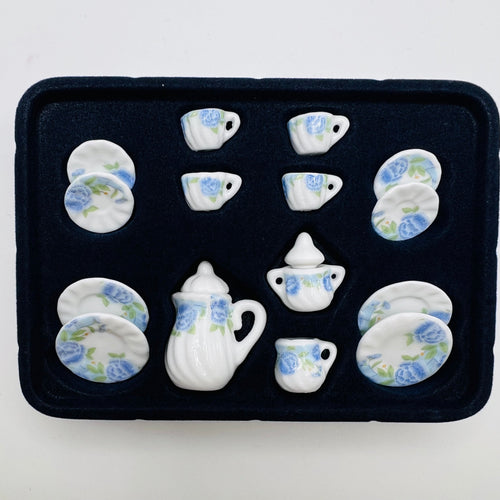 Ceramic White with Blue Flowers/Green Leaves - 17 Pieces - 1/12 Scale Dollhouse Miniature