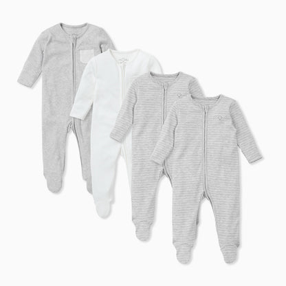 Grey & White Stripe Zip-Up Sleepsuit 4 Pack
