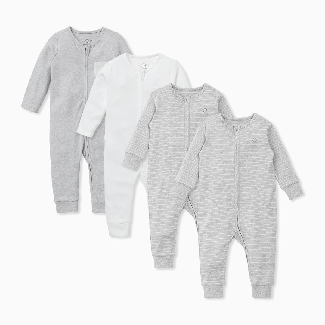 Grey & White Stripe Zip-Up Sleepsuit 4 Pack
