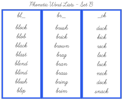Blue Word Lists, Cursive - Set B (PDF)