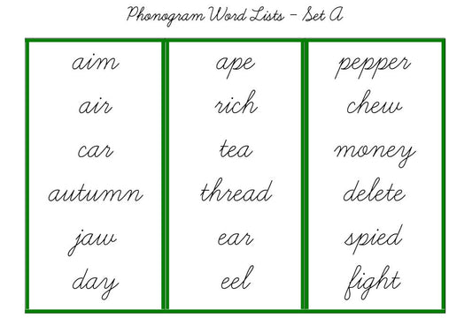 Green Word Lists, Cursive - Set A (PDF)