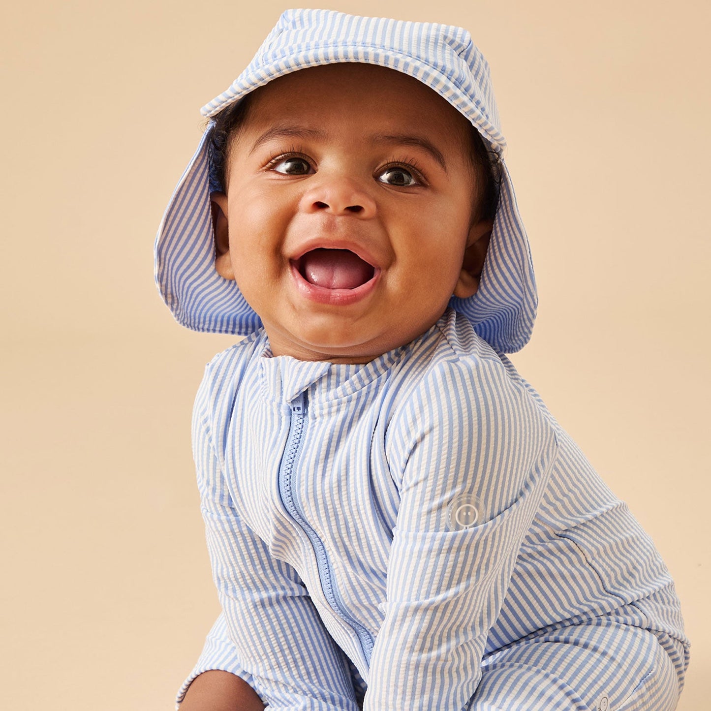 Cloud Stripe Seersucker Sunsafe Swimsuit & Hat