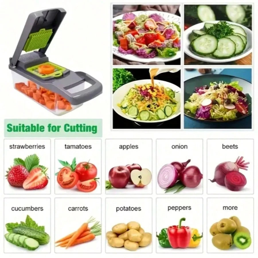[Vegetable Slicer] 16-In-1 Vegetable Chopper, Professional Onion Chopper, Multi-Functional Food Chopper, Kitchen Vegetable Slicer And Dicer, Vegetable Chopper With 8 Blades, Carrot Chopper