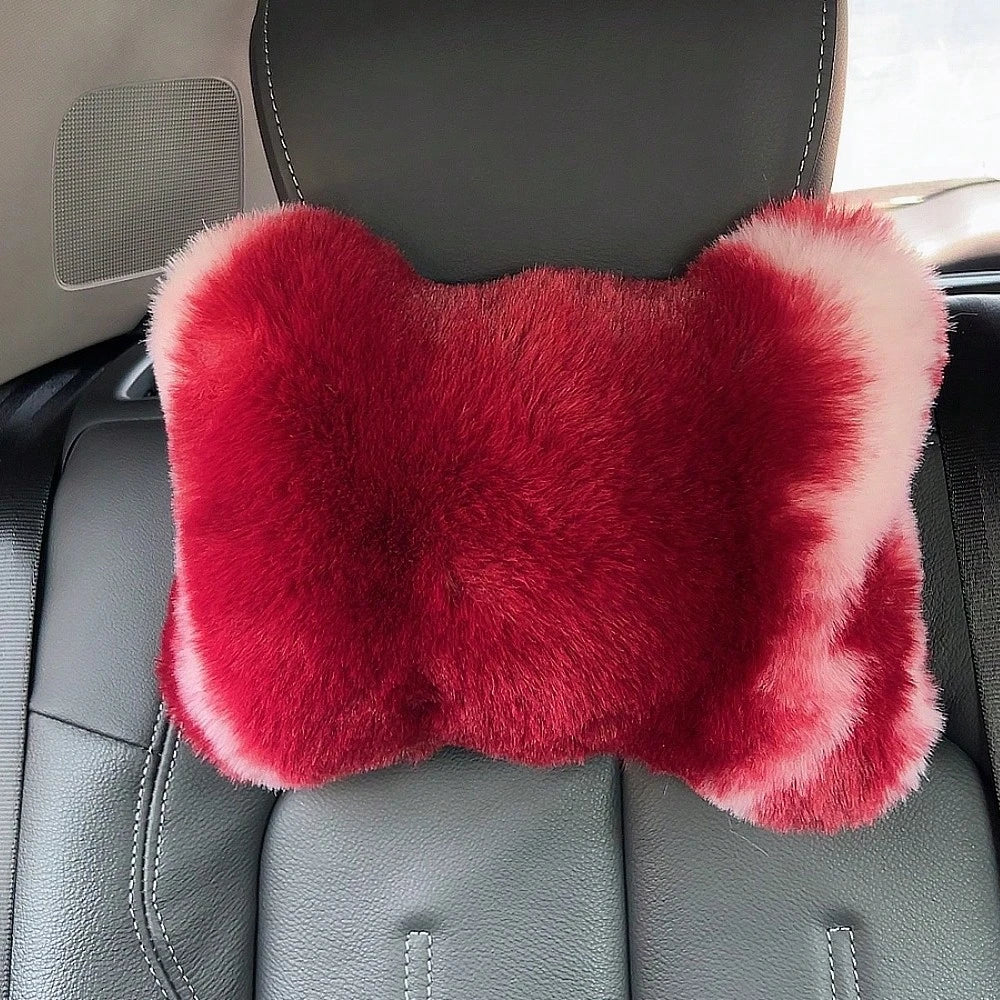 2pcs Cute Plush Car Headrest Neck Pillow, All-Season Universal Car Interior Accessory