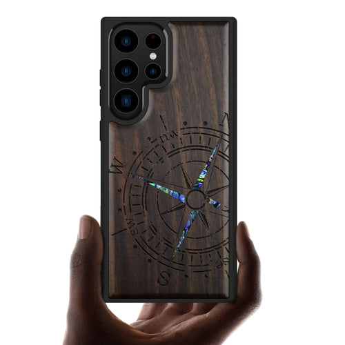 Carveit Designer Wooden Case for Samsung Galaxy S23 Ultra Case Cover [Wood Engraving & Shell Inlay] Unique Wood Phone Case Compatible with Wireless Chargers Galaxy S23 Ultra Case (Compass-Blackwood)