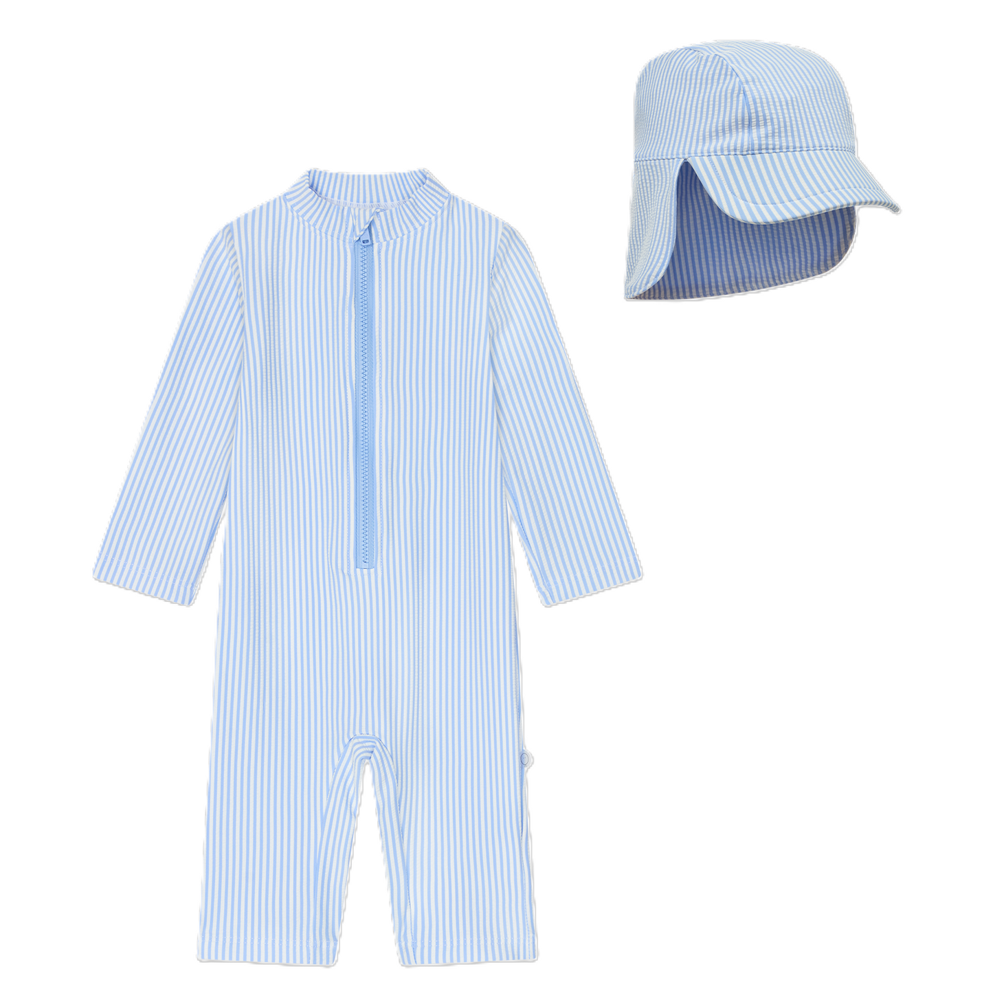 Cloud Stripe Seersucker Sunsafe Swimsuit & Hat
