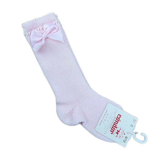 Cotton Long Socks with Bow - Baby Pink - 0-2.5 (6-12m)