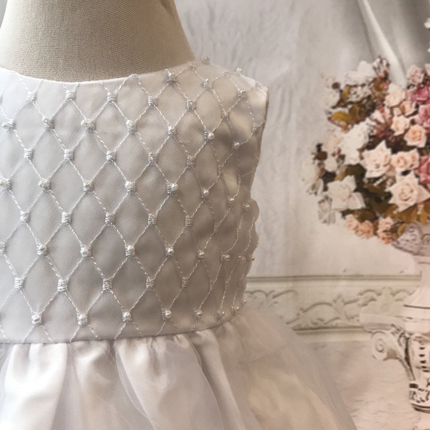 Ivory or White Christening Dress with Pearls and Headband