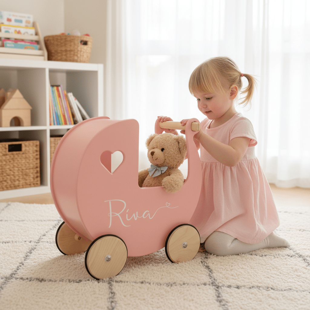 Personalised Wooden Dolls Pram - Pink, Red or White