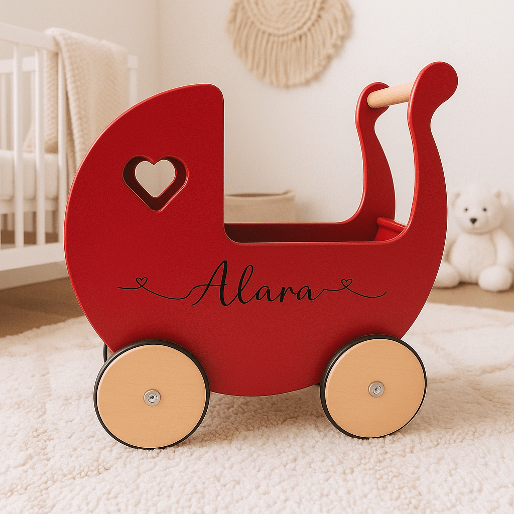 Personalised Wooden Dolls Pram - Pink, Red or White