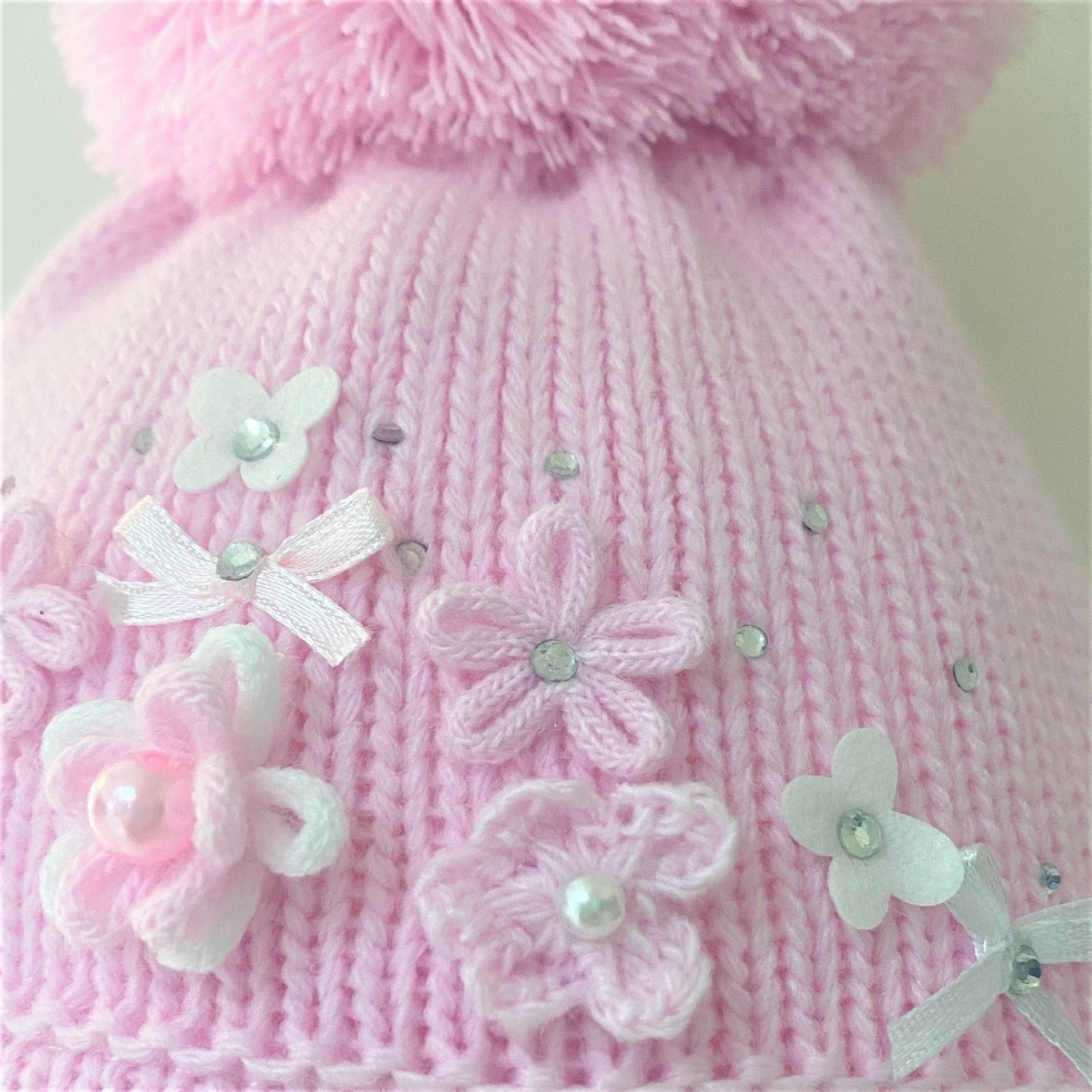 Pink Knitted Pom Pom Hat with Diamante