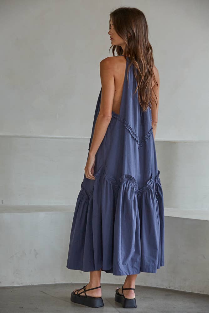 Woven Cotton V-Neck Ruffle Trim Detailed Maxi Dress